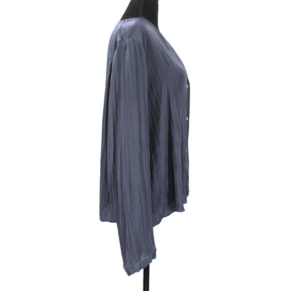 Vince Crushed Satin V-Neck Button Up Deep Azul Blue Long Sleeve Blouse Top Large - Picture 2 of 7